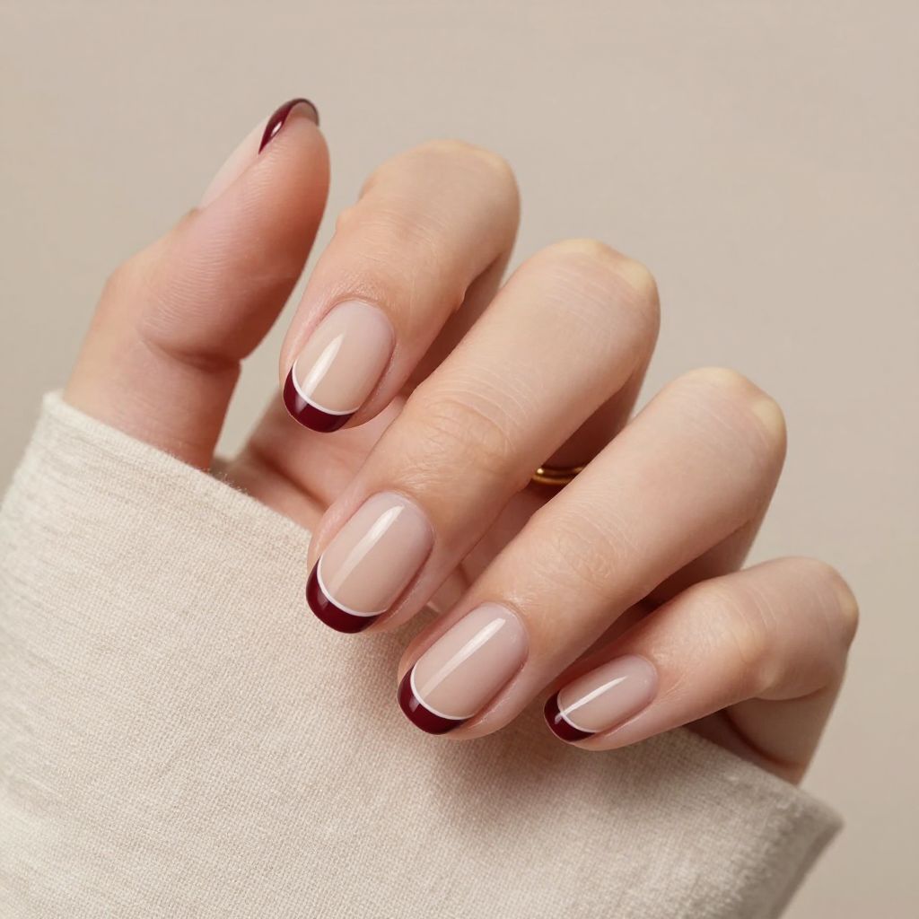 Burgundy half moon nails with nude base