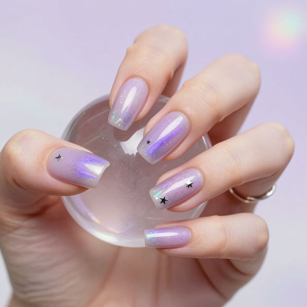 Cosmic lavender cat eye nails