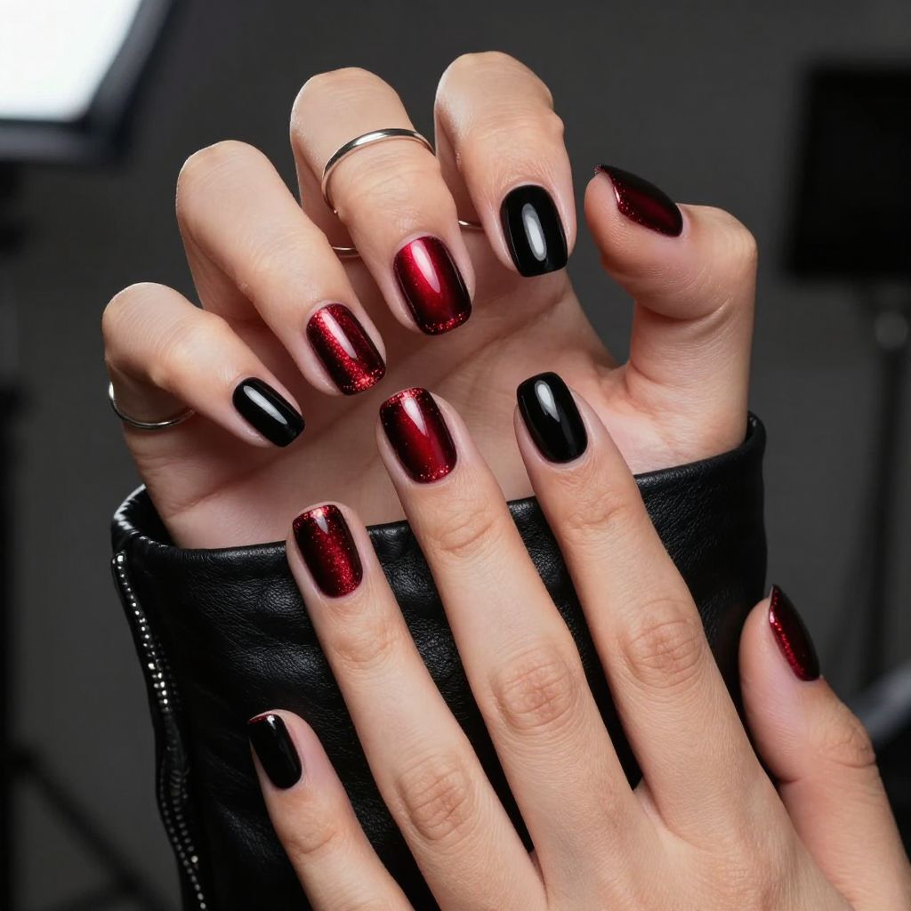 Cherry cola cat eye nails