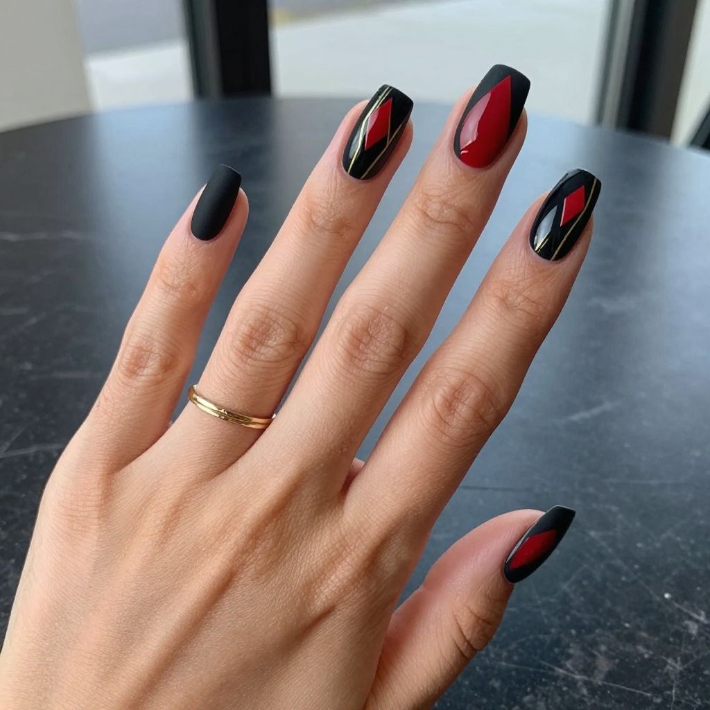 Black with Red and Gold Geometric Details