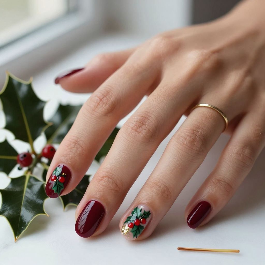 Burgundy with Holly Leaf Details