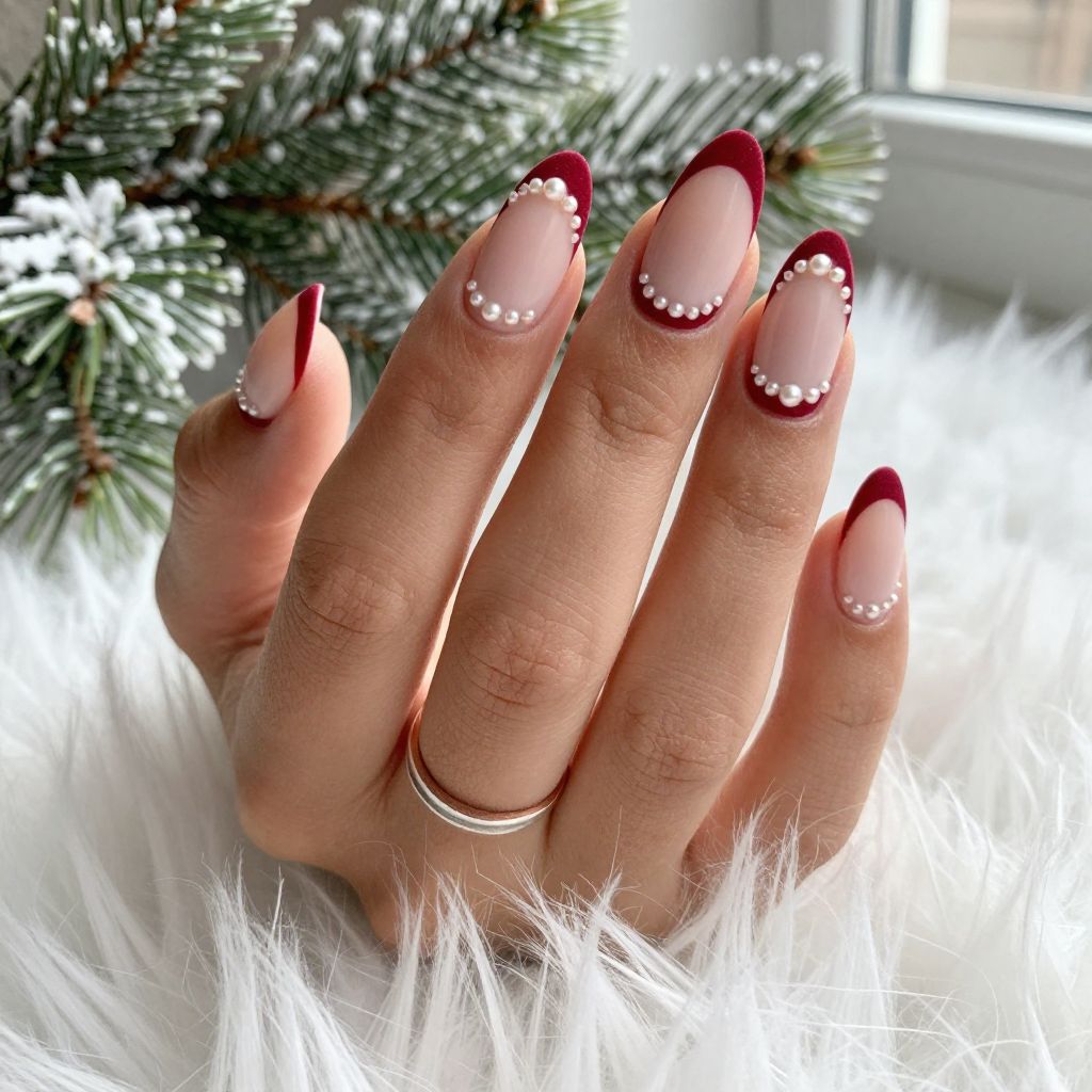 Red Velvet French Tips with Pearl Embellishments
