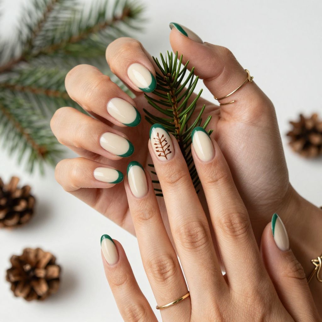 Forest Green and Cream French Tips with Minimalist Pinecone