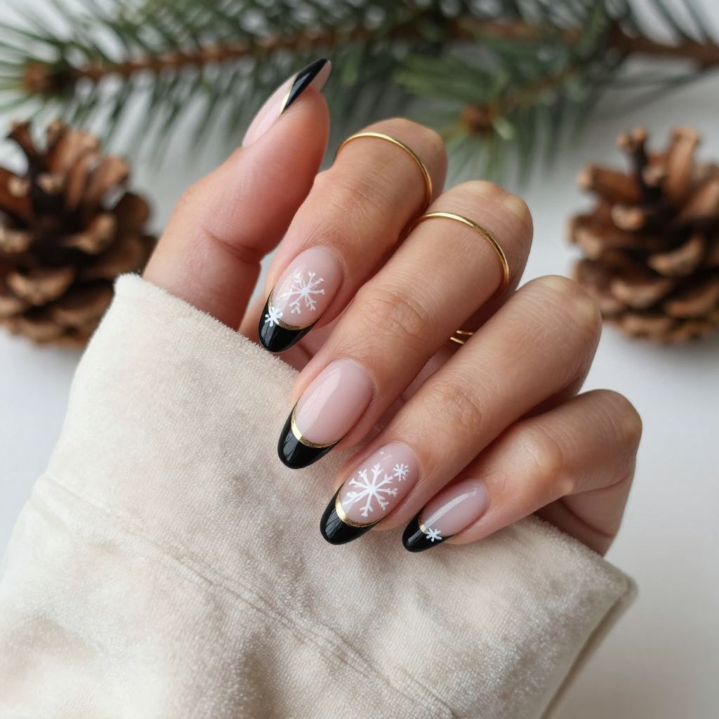 Black French Tips with White Snowflake and Gold Accents