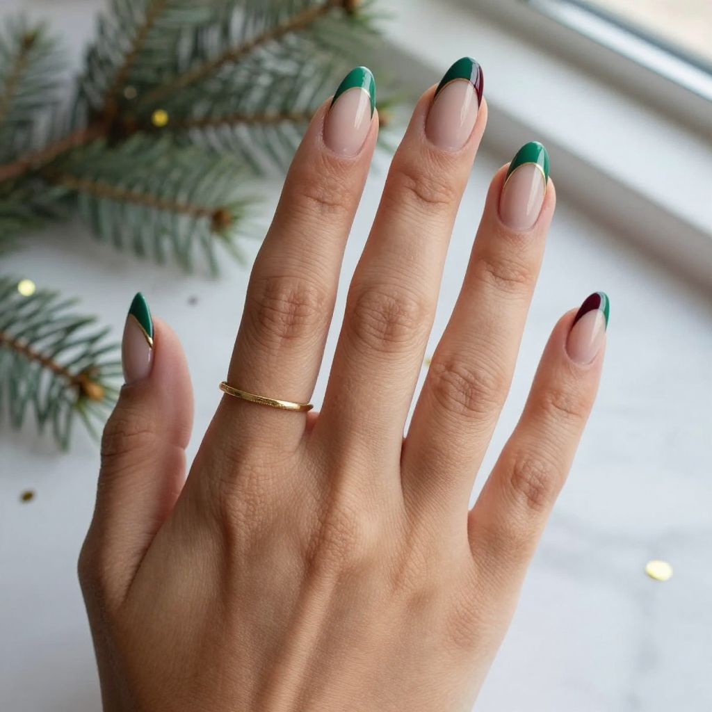 Emerald and Burgundy Geometric French Tips