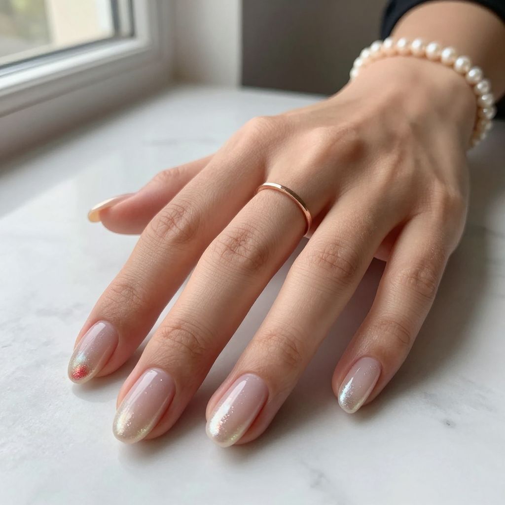 Frosted Pearl French Tips with Subtle Red Underlay