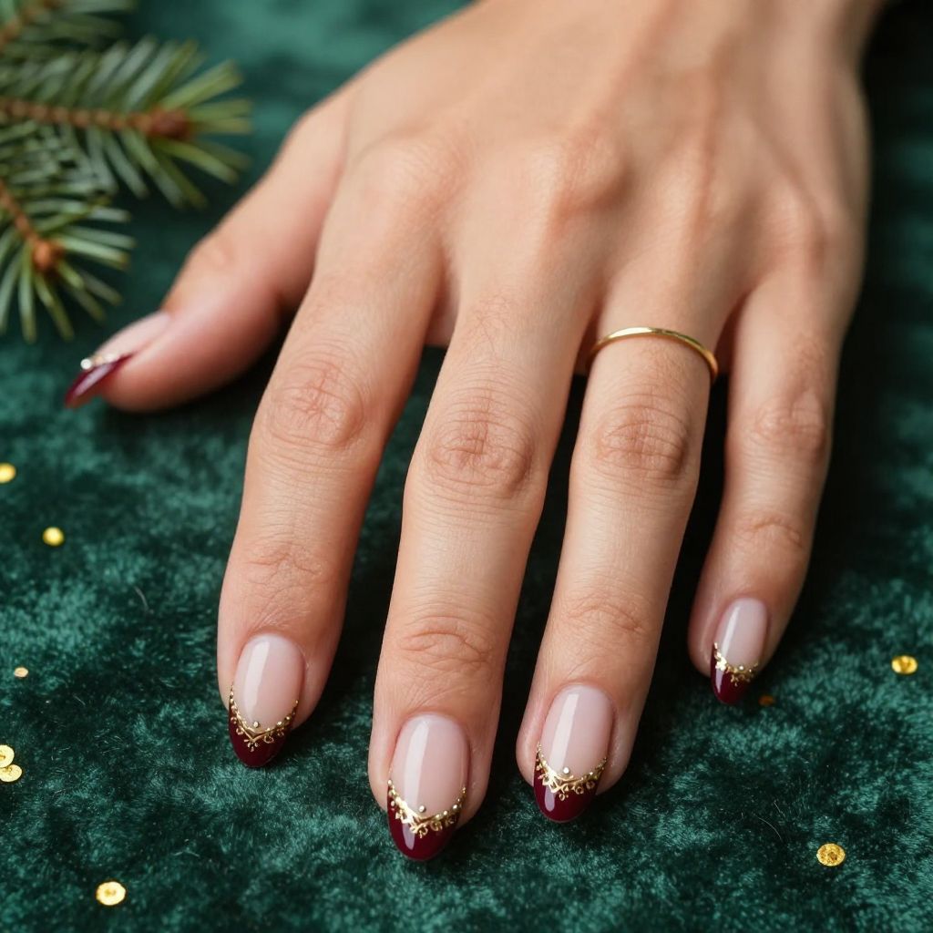 Deep Burgundy French Tips with Gold Filigree