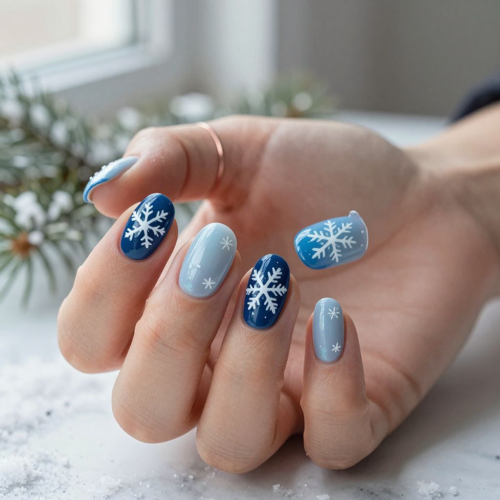 Navy Blue French Tips with Snowflake Accents