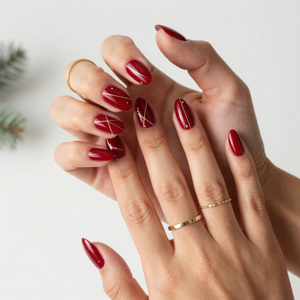 Classic Red and Gold Geometric Nails