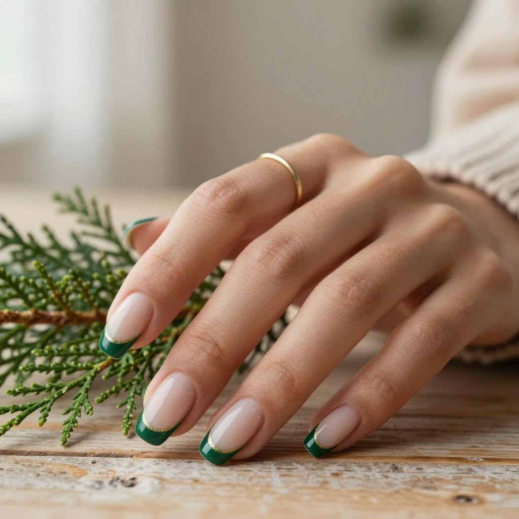 Evergreen tips with gold glitter nails