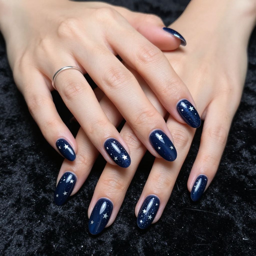 Midnight blue starry sky nails