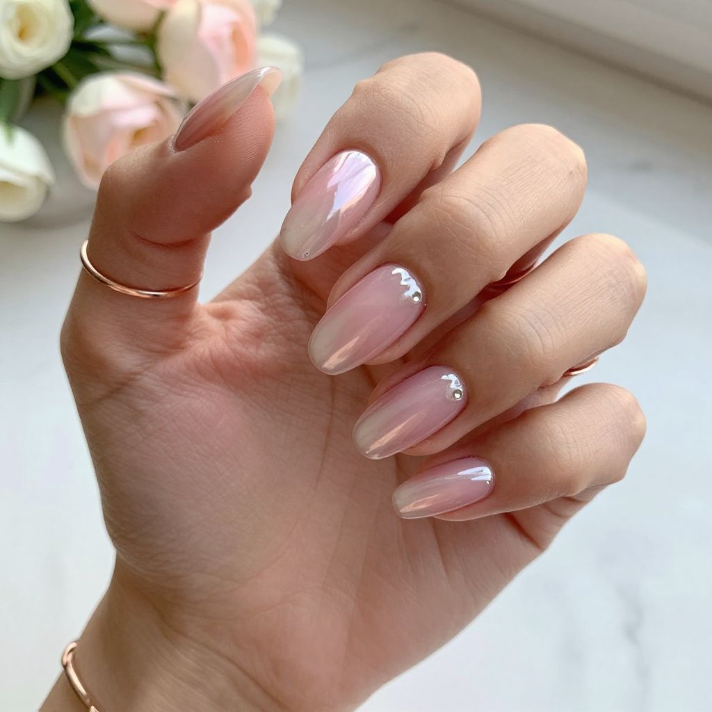 Sheer Pink Chrome Almond Nails