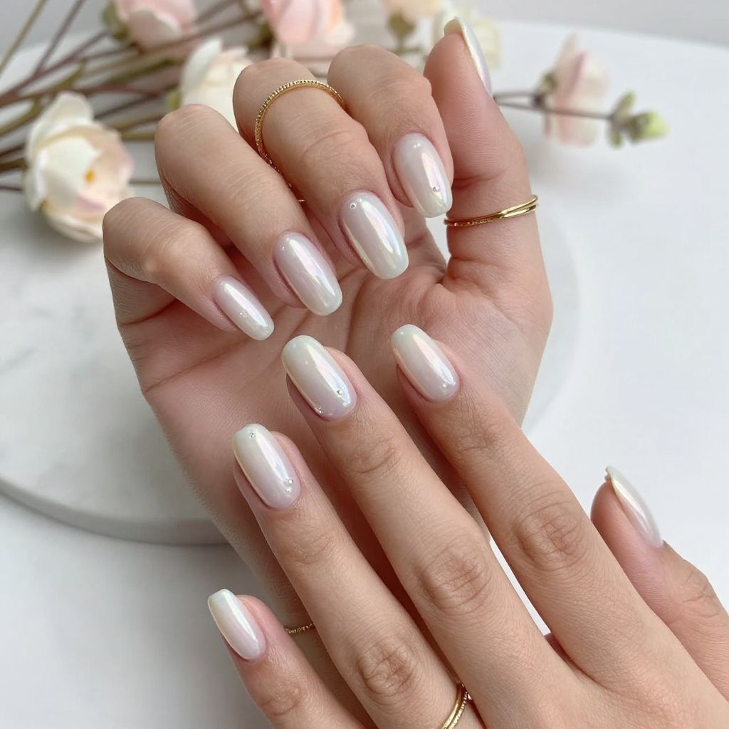 Milky White Chrome Coffin Nails