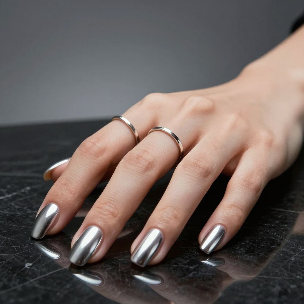 Liquid silver almond chrome nails