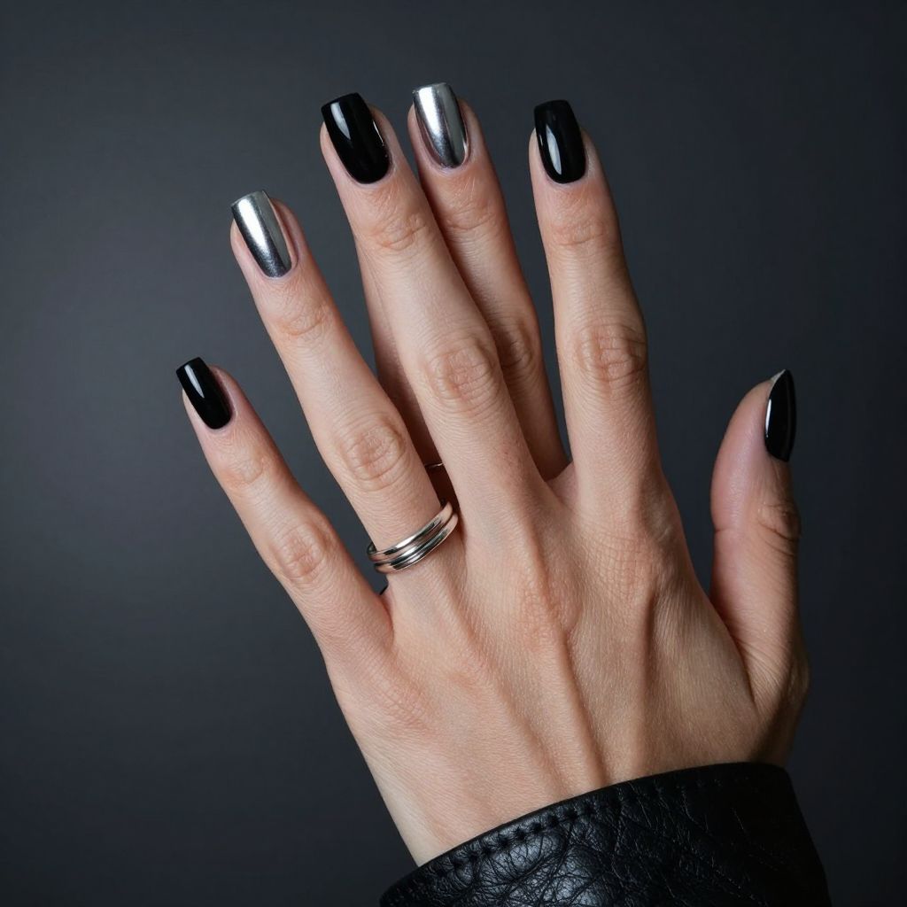 Matte black and gunmetal chrome nails