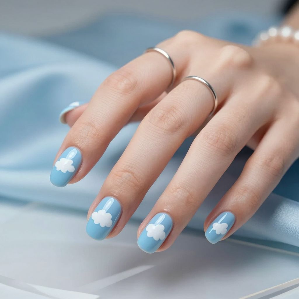 Baby blue chrome nails with cloud tips