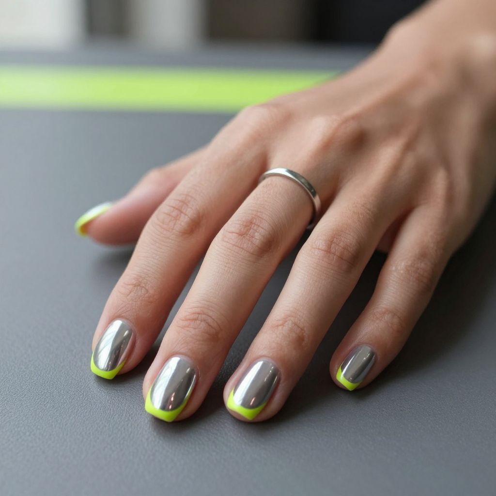 Silver chrome nails with neon edge
