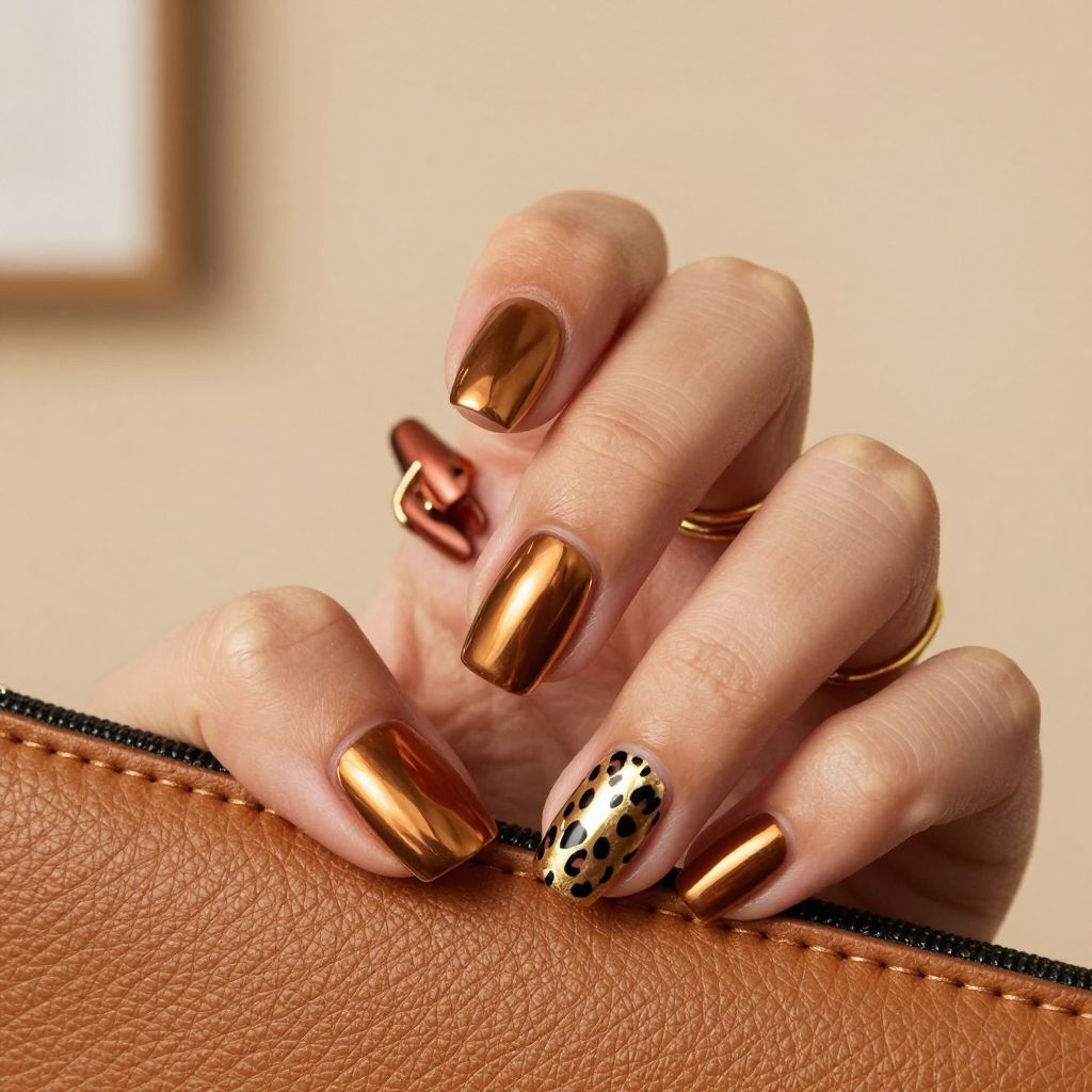 Bronze chrome nails with leopard accent