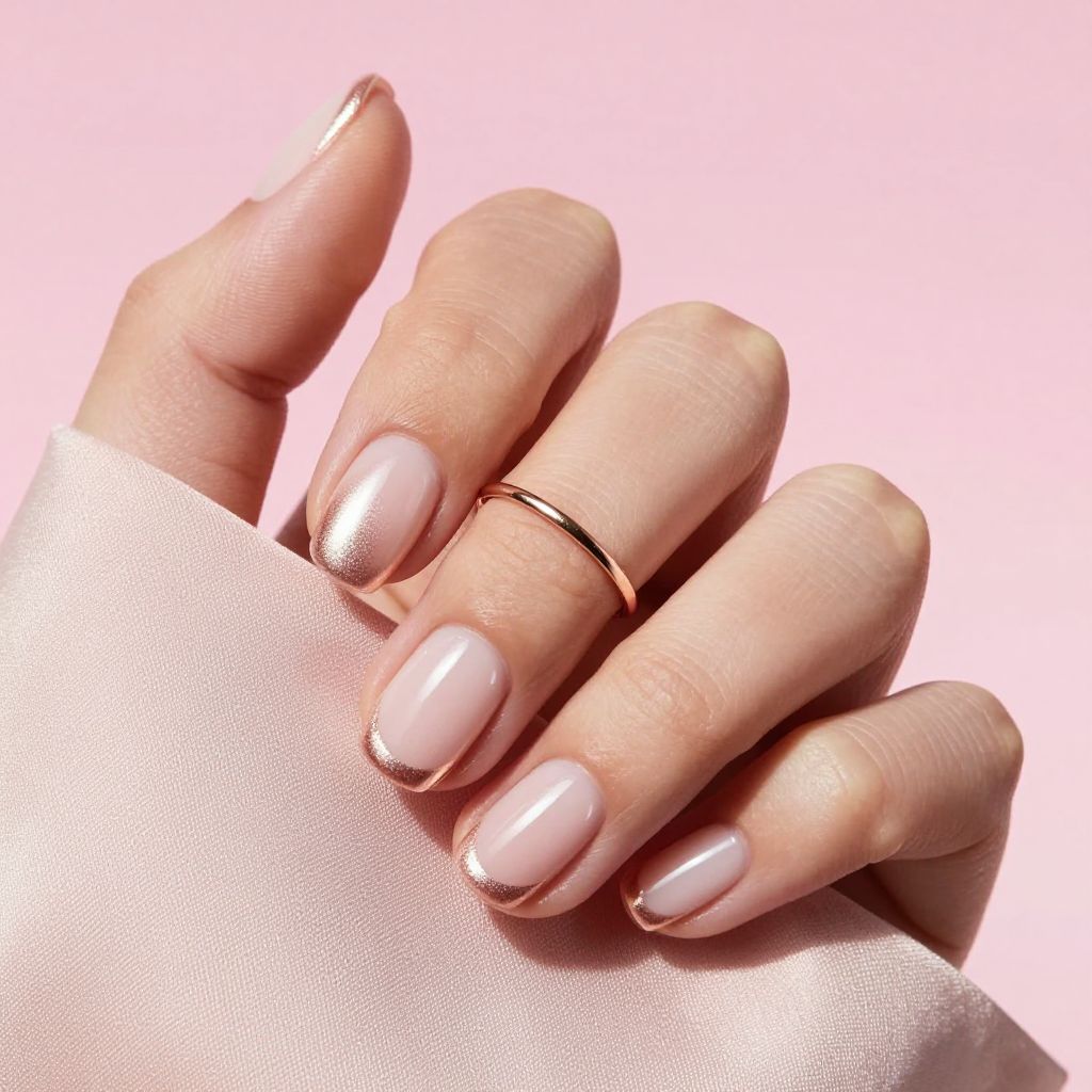 Blush chrome half moon nails