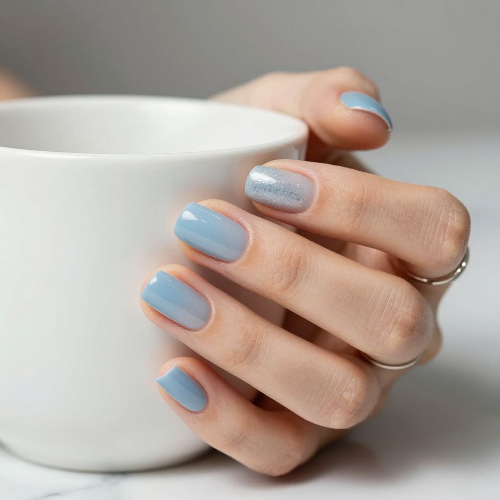 Soft blue haze clean girl nails