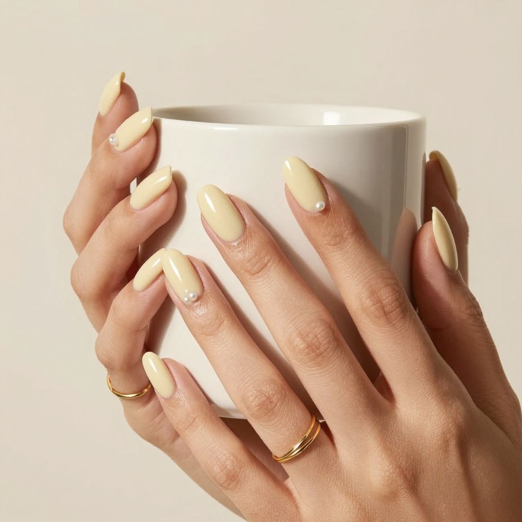 Creamy beige nails with tiny pearl accent