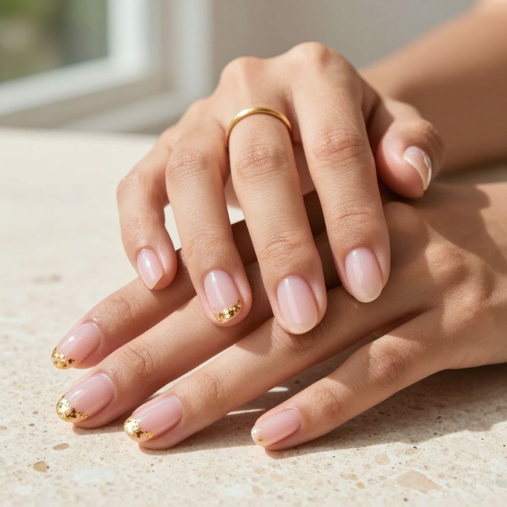 Clear pink jelly nails with gold flakes