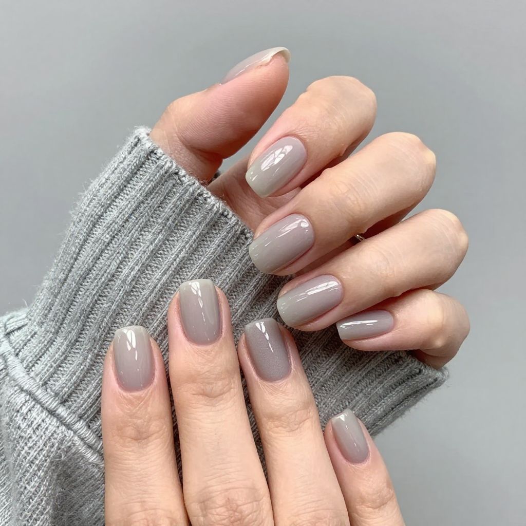 Soft gray sheer clean girl nails