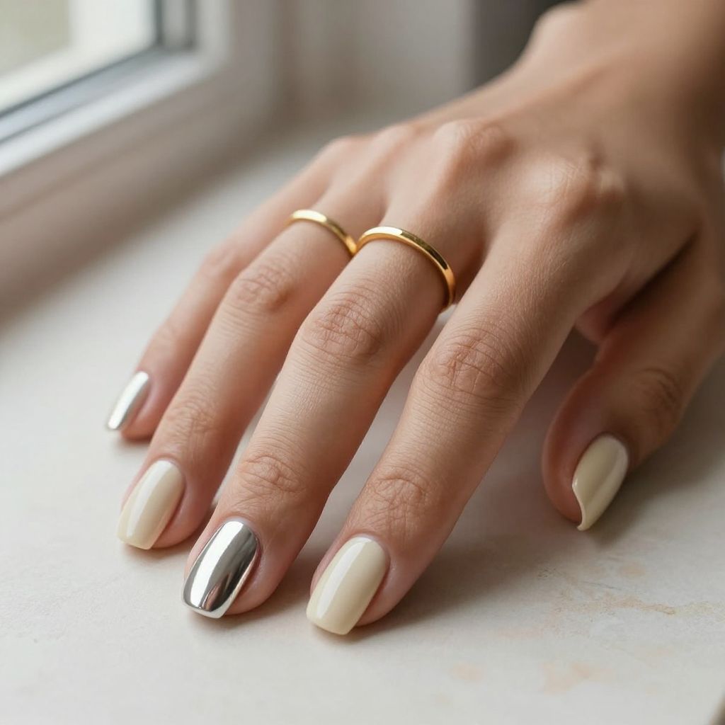 Cream and Chrome Accent Nails