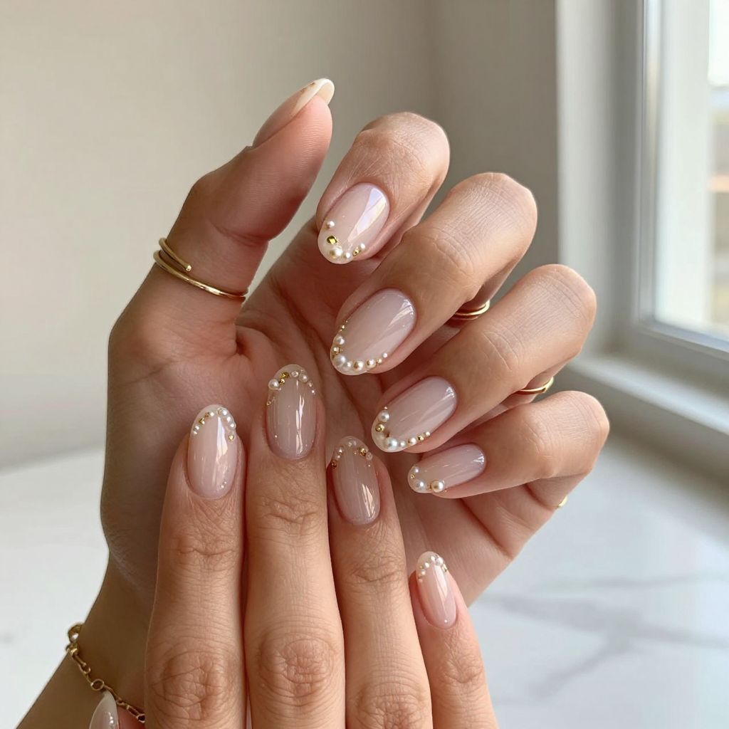 Crystal Clear Nails With Pearl Accents