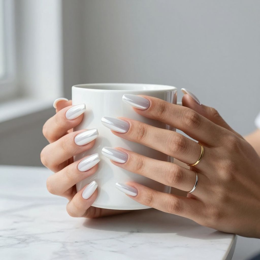 White Coffin Acrylic Nails with Chrome Finish