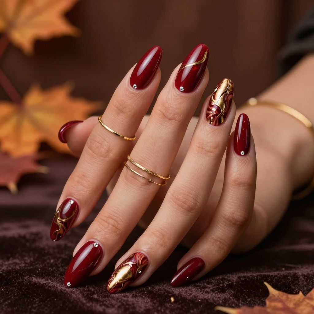 Oxblood Red with Gold Marble Swirls