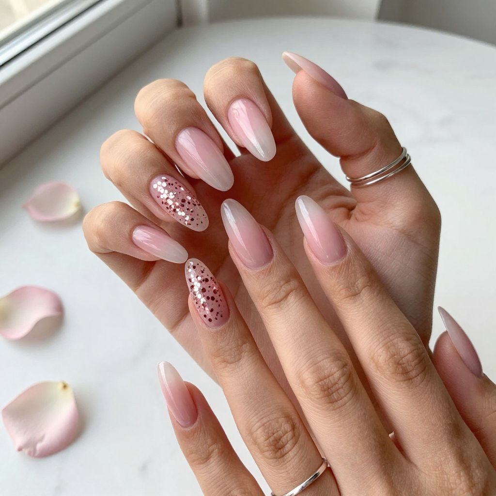Soft Pink Ombre to Clear with Glitter Tips
