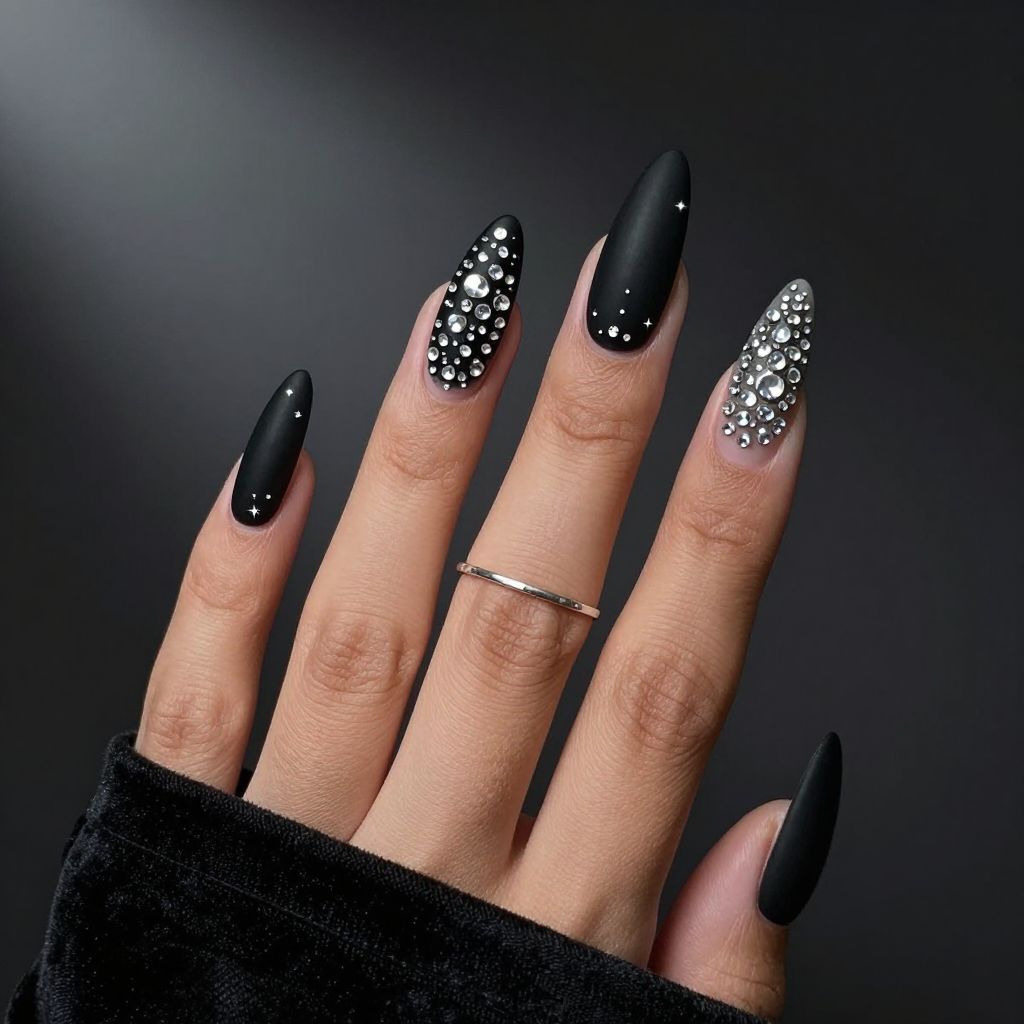 Black velvet rhinestone fade coffin nails