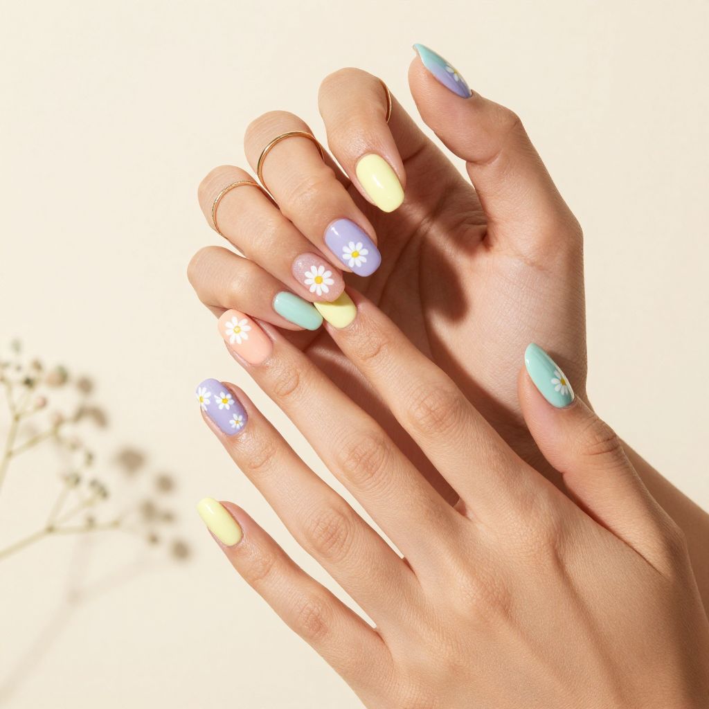 Pastel rainbow micro flora coffin nails
