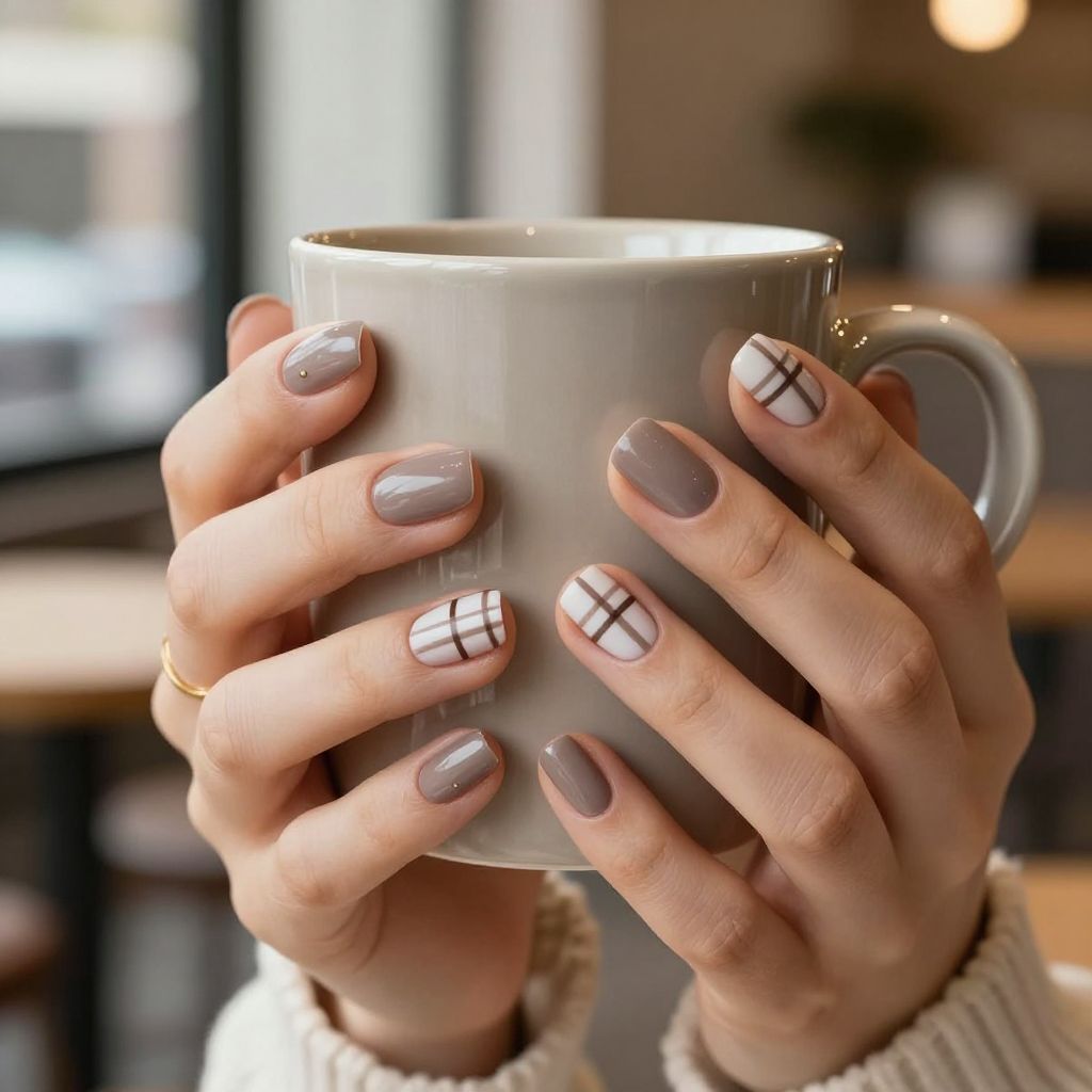 Soft taupe plaid coffin nails
