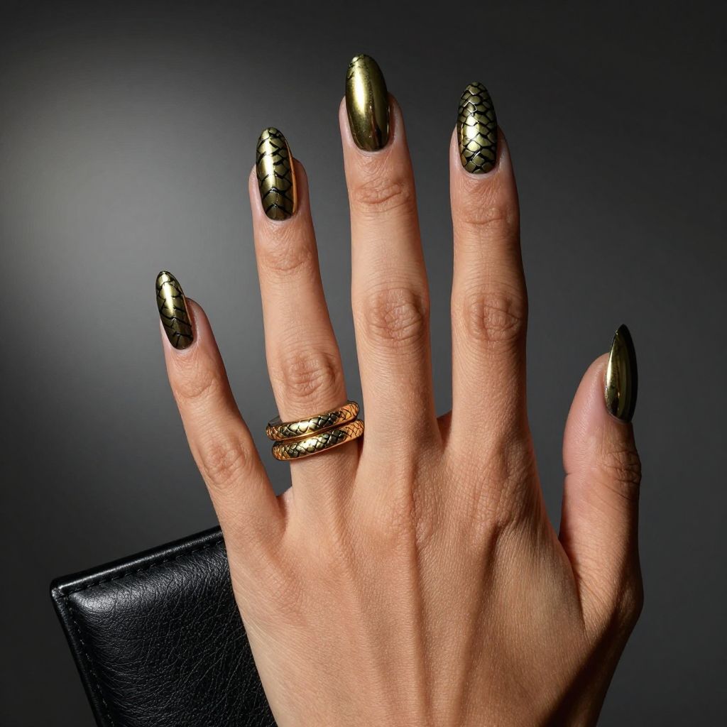 Metallic snake print coffin nails