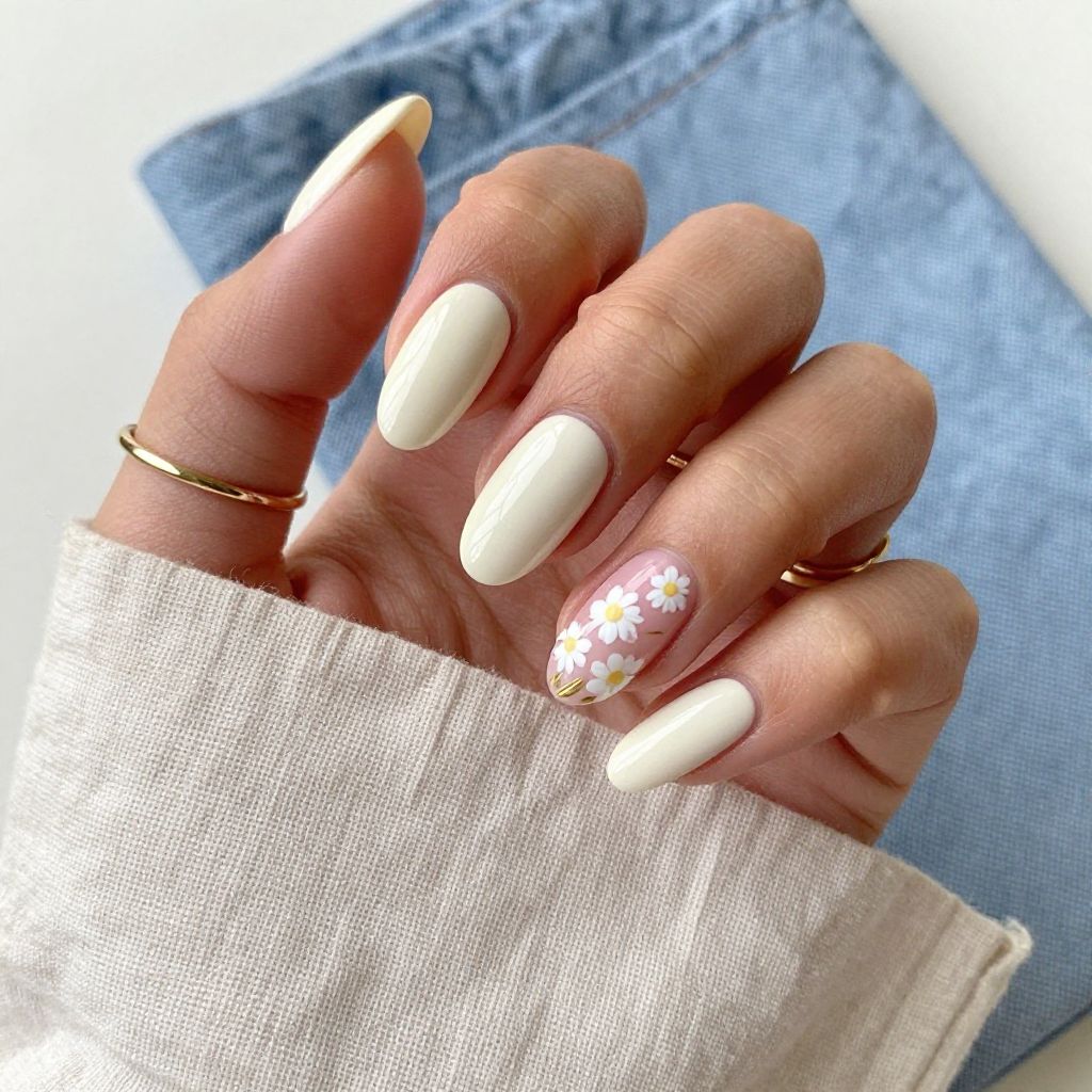 Soft Cream Daisies on Almond Nails