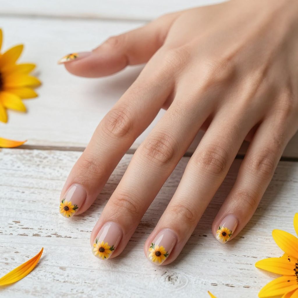 Nude Nails with Tiny Sunflower Tips