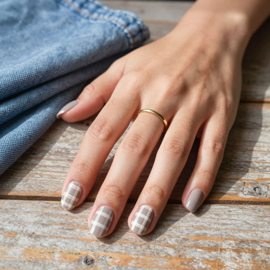 Taupe Plaid on Short Square Nails