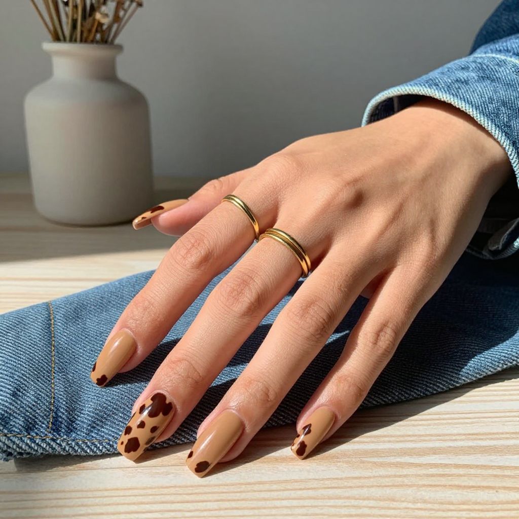 Chocolate Cow Print Accent Nails