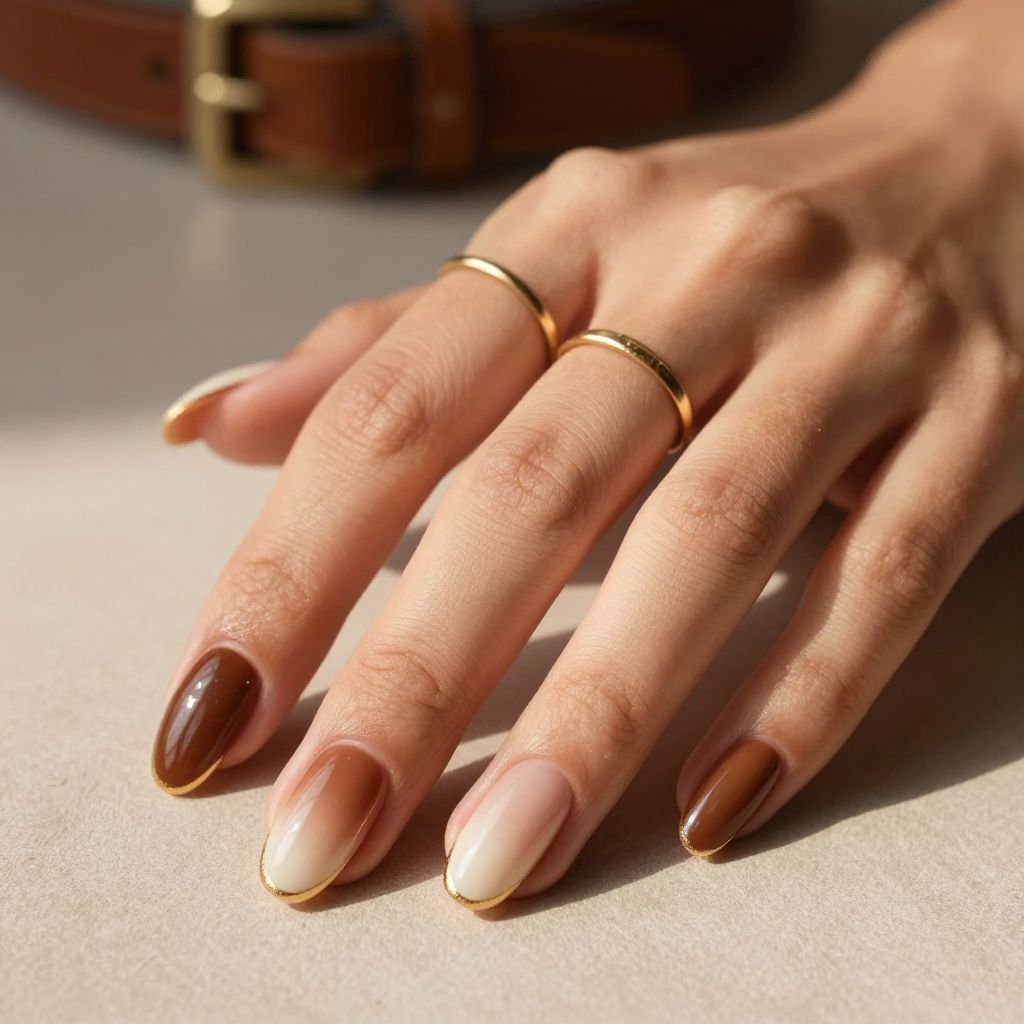 Saddle Brown and Cream Ombre Nails