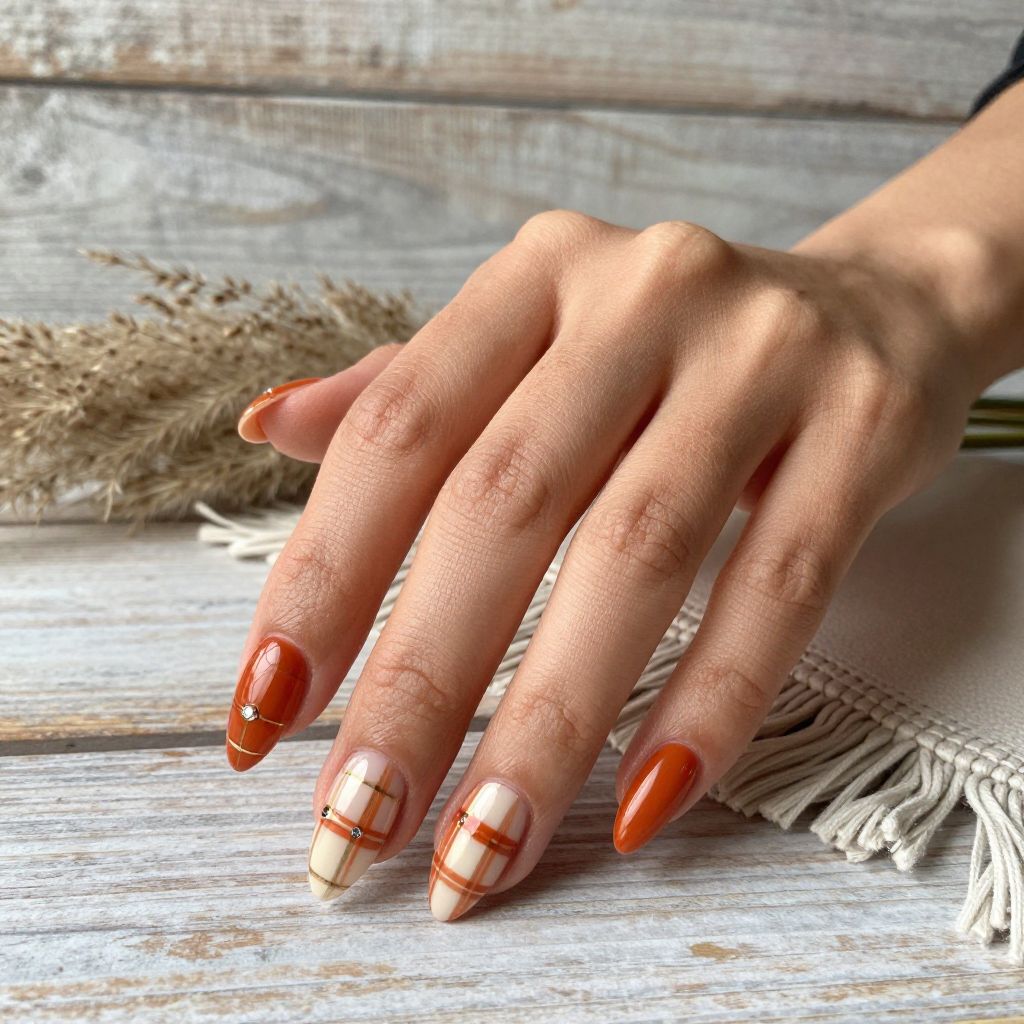 Burnt Orange and Cream Plaid Western Nails