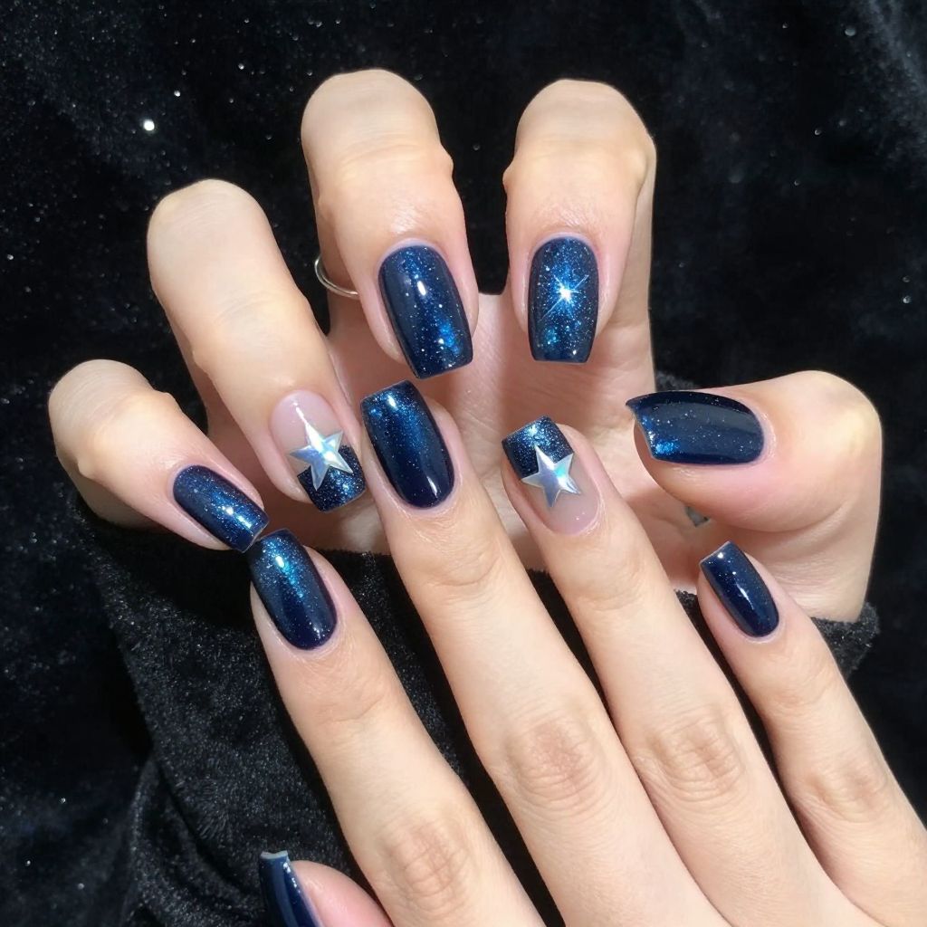 Navy acrylic nails with silver glitter and star accent