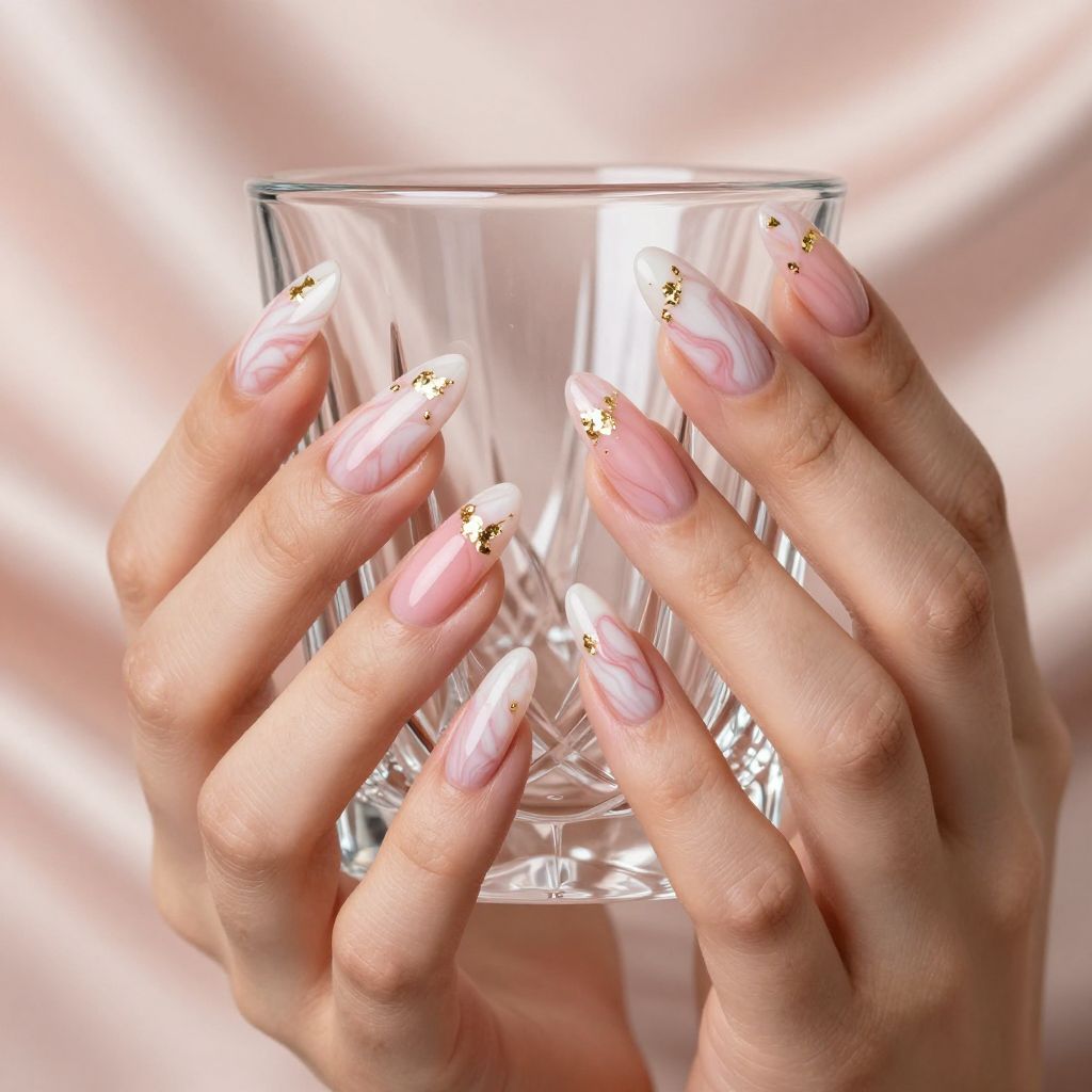Raspberry marble acrylic nails with gold foil