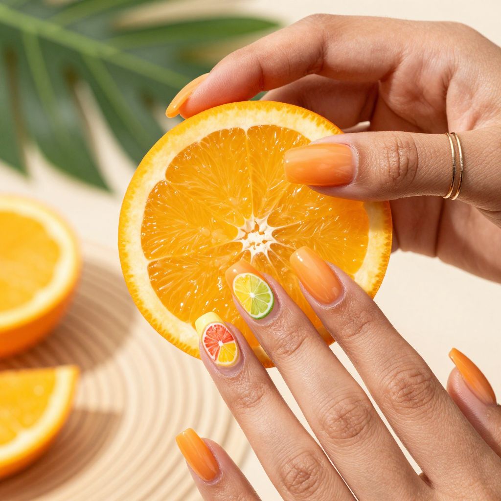 Tangerine jelly acrylic nails with fruit slice decals