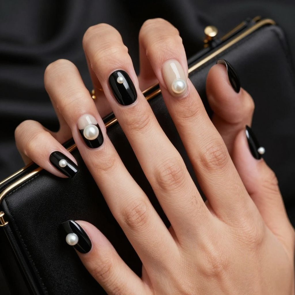 Black acrylic nails with pearl accents