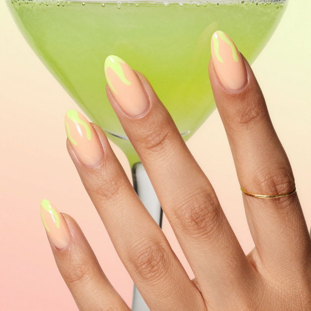 Peach acrylic nails with neon flame art