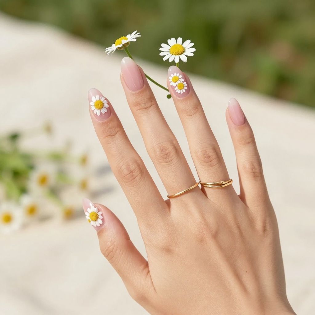 Sheer pink acrylic nails with daisy smile lines