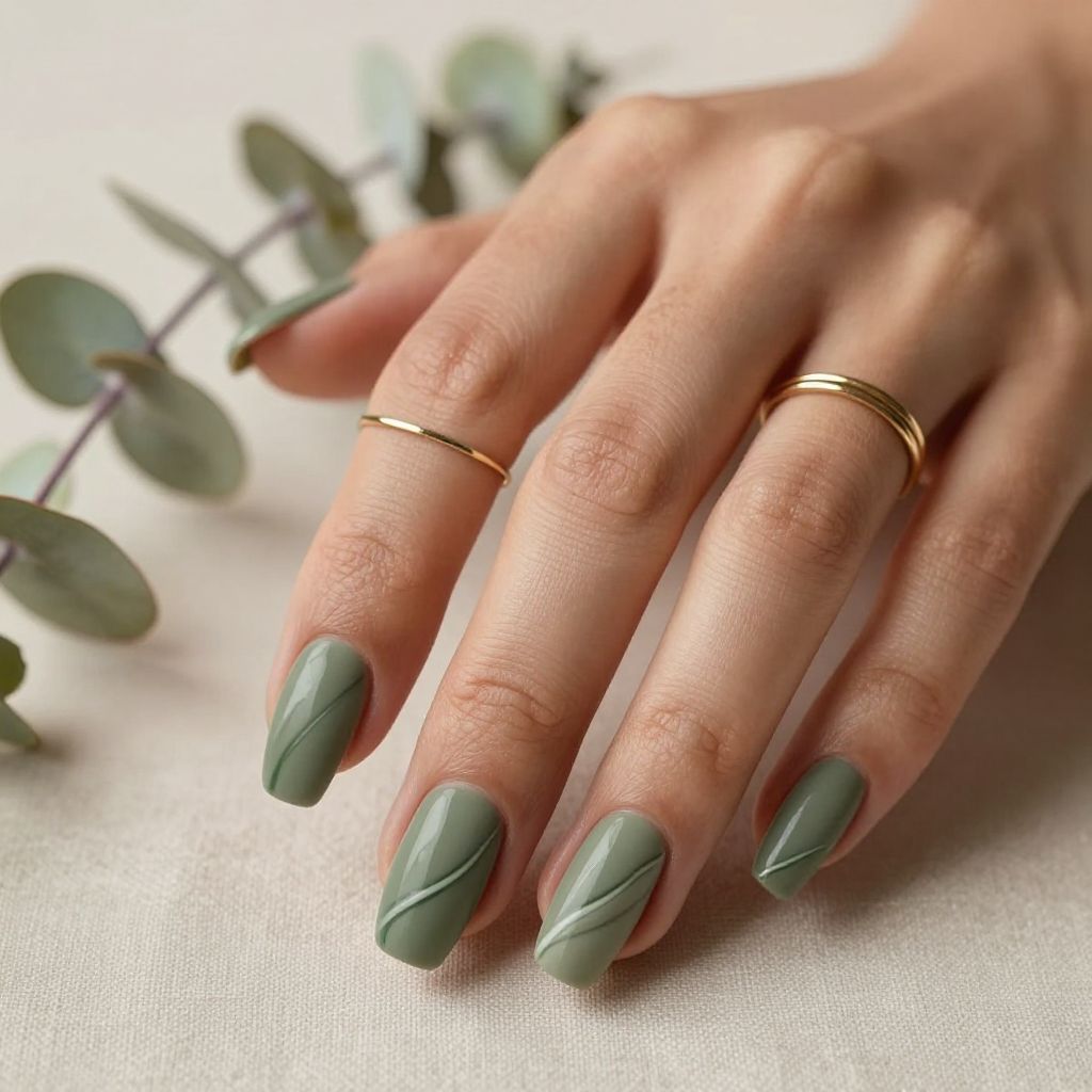 Matte olive acrylic nails with glossy swirls