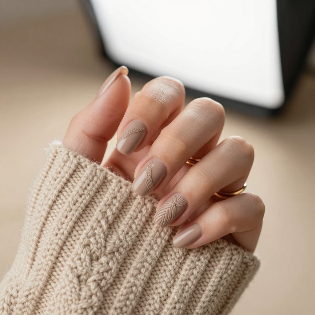 Taupe sweater texture acrylic nails